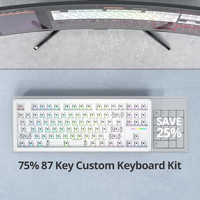 75% Custom Barebones Keyboard kit Gasket Mouted，Blank DIY Silent TKL Mechanical Gaming Keyboard PCB Hot Swappable 3pin/5pin Switch with South-Facing RGB for Win/Mac (M87 Kit-White)