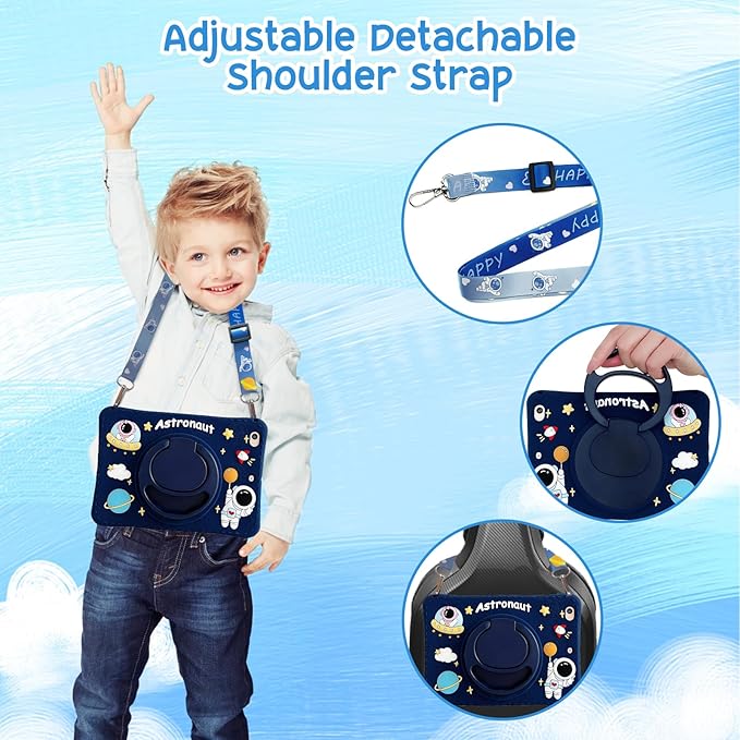 Kids Case for Apple iPad A16 11" 11th 10th Gen 10.9" 2025 2022,Cute Design EVA Kickstand Heavy Duty Shockproof Kids Friendly Bumper Case with Shoulder Strap Cover for iPad 11th 10th Gen,Blue Astronaut