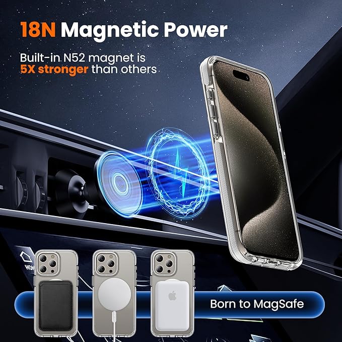 toushion 3 in 1 for iPhone 15 Pro Case Clear with MagSafe, Yellowing-Resistant Acrylic Back, Shockproof Guard Corners, Military-Grade Protection for iPhone 15 Pro Phone Case 6.1 inch Clear Bumper
