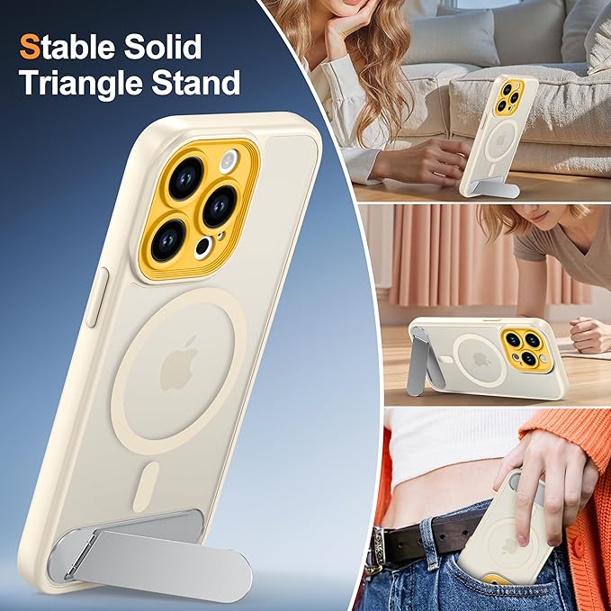 Magnetic Compatible with iPhone 13 Pro Case, [Built-in Kickstand][Full Camera Protection][Compatible with MagSafe][Anti-Fingerprint] Shockproof Phone Case for iPhone 13 Pro 6.1",Beige & Yellow
