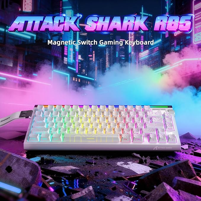ATTACK SHARK R85 HE 75% Magnetic Wired Gaming Keyboard,8KHz Polling Rate Rapid Trigger,0.005mm RT Precision,256K Scan Rate,Custom Hot-Swappable,Web Driver PC Keyboard for Gamer/Win/Mac,White Contour