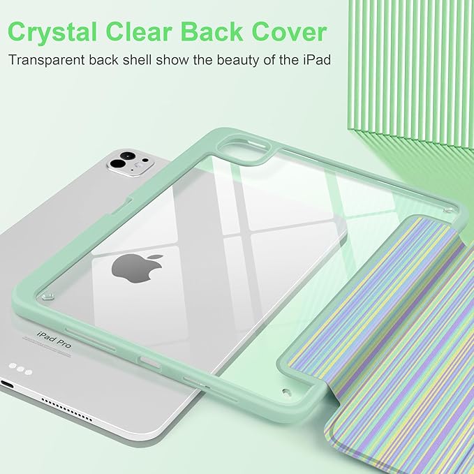 Case for iPad Pro 13 inch (M5) 2025 (M4) 2024 Release with Pencil Holder - Aesthetic Cute Design Trifold Cover with Soft TPU Bumper Clear Back Auto Sleep/Wake for Girls Women, Lines Green