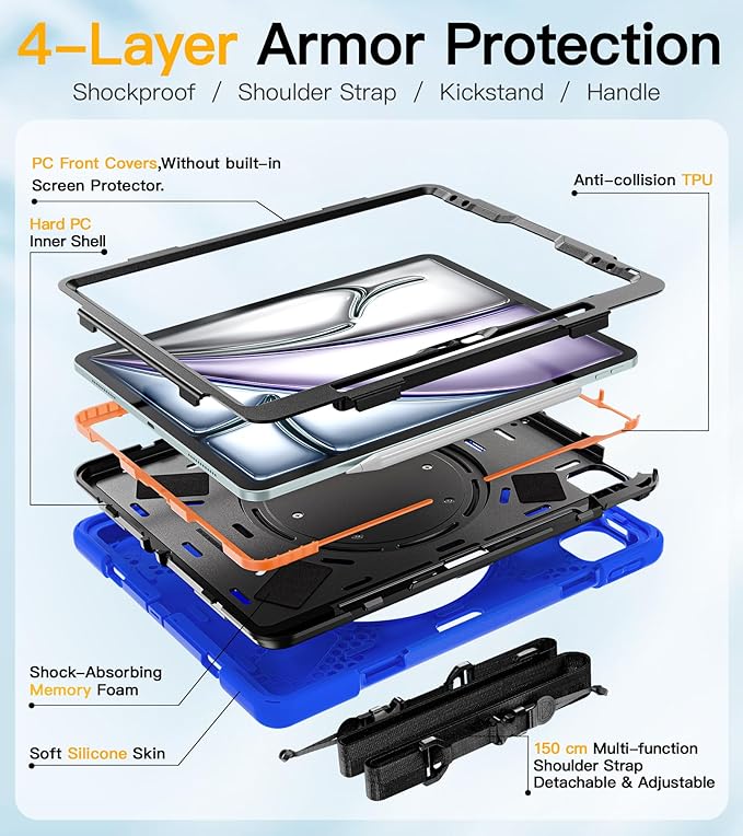 BRAECN for iPad Air 13 Inch Case M4 2026/M3 2025/M2 2024, iPad Pro 12.9 (6th/5th/4th/3rd Gen), Heavy Duty Shockproof Cover with Pencil Holder, Rotating Handle Grip, Kickstand, Shoulder Strap, Blue
