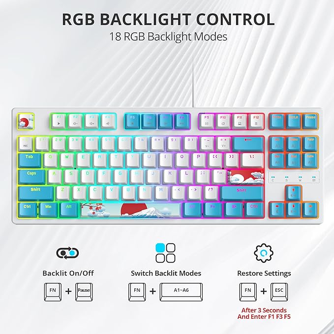 75% Mechanical Gaming Keyboard with Red Switch, RGB LED Backlit Keyboard White and Blue, 87 Keys Compact TKL Wired Computer Keyboard for Windows Laptop PC Gamer (87 Sea)