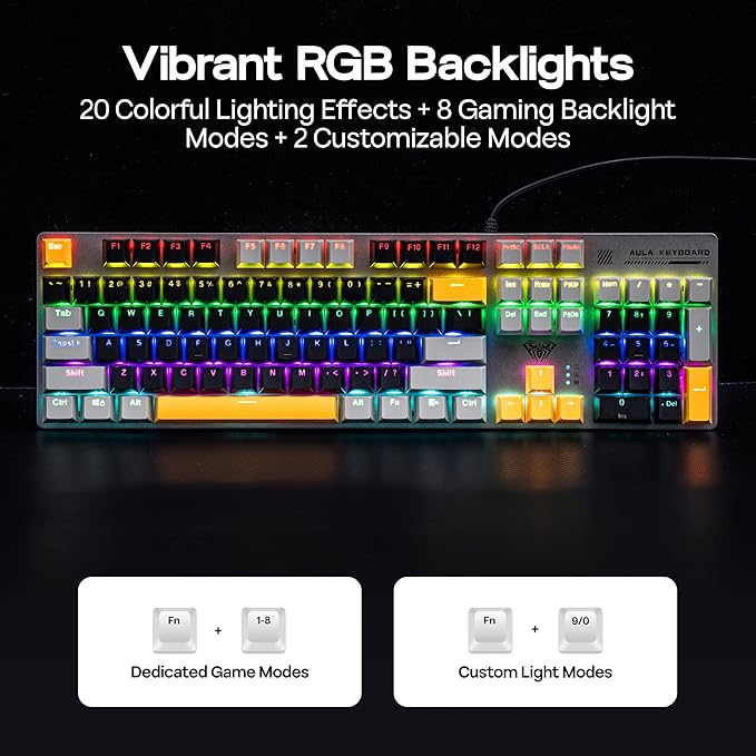 MechLands Aula S500 Wired Gaming Keyboard, 100% Full Size Mechanical Keyboard with Number Pad, 104 Keys, NKRO, RGB Backlits, Shine Through Keycaps, Ergonomic for PC E-Sports (Black&Grey, Blue Switch)