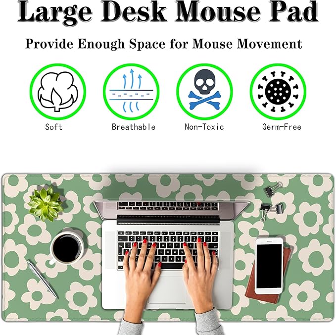 Keyboard Mouse Pad Green, Office Big Desk Pads Desk Decor for Girls Gaming Mouse Pads, Long Gaming Mouse Pad Non-Slip Rubber Base, 35.4 X 15.7 inch for Work/Game/Office/Home Vintage Flowers