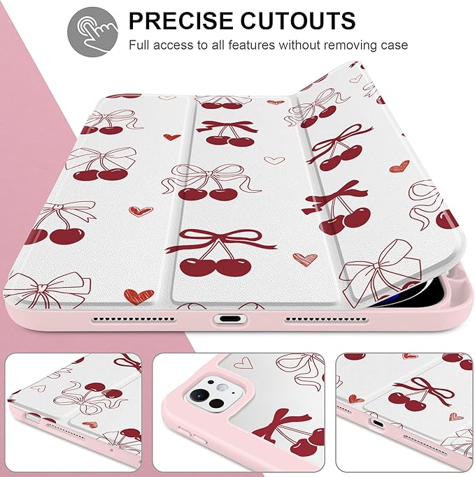 Case for iPad Pro 11 inch (M5) 2025 (M4) 2024 Release with Pencil Holder - Aesthetic Cute Preppy Design Trifold Cover with Soft TPU Bumper Clear Back Auto Sleep/Wake for Girls Women, Cherry