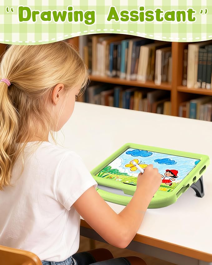 Kids Case for iPad A16 11th Gen 11-Inch 2025 & iPad 10th Generation (10.9" 2022), Durable Shockproof Fully-Body Cover with Screen Protector/Pencil Holder/Stand/Handle for Kids, Light Green