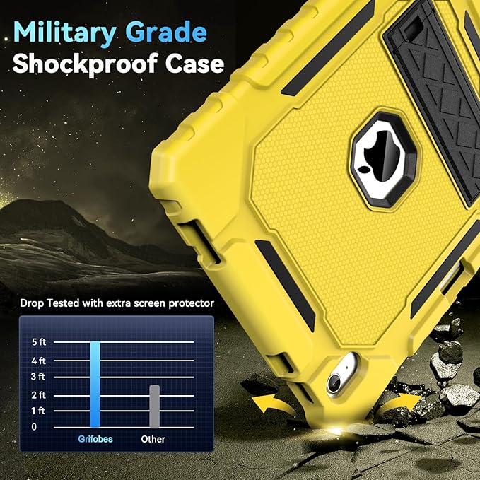 Grifobes for iPad A16 Case 11th Generation 11 inch 2025 / iPad 10th Generation Case 10.9 inch 2022, Heavy Duty Military Grade Shockproof Cover with Pencil Holder for i Pad 11/10 (Gold+Black)