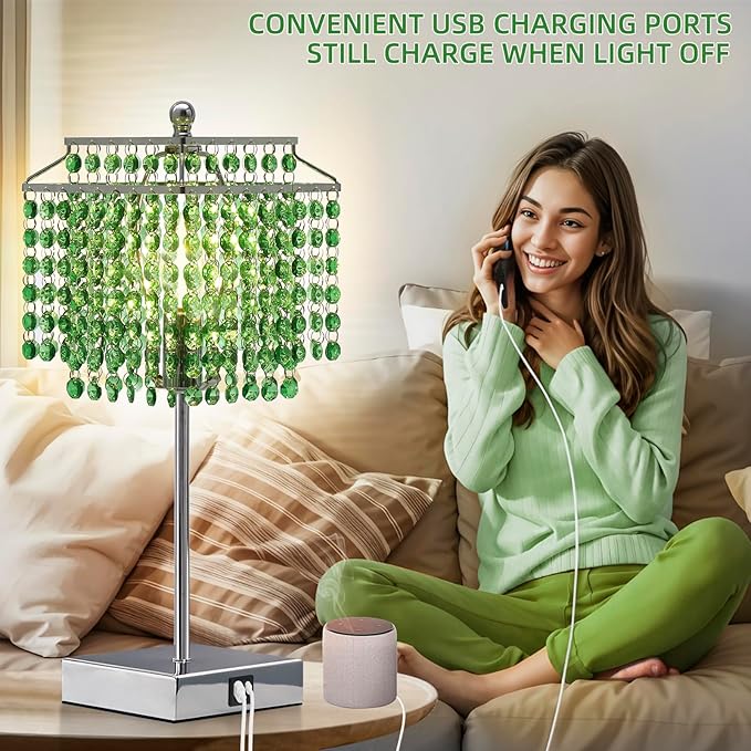 Luvkczc Crystal Table Lamp with Touch Control, Bedside Crystal Table Lamp with USB C+A Ports,Dimmable Lamp for Girls Bedroom, Living Room, Green & B11 LED Bulb Included