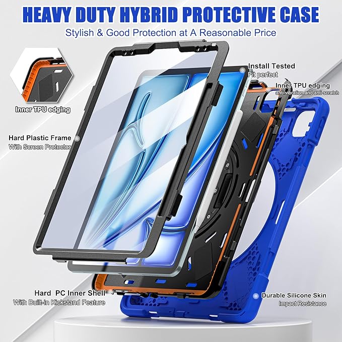 TSQQST Case for iPad Air 13 Inch M4 M3 M2 (2026-2024) with Screen Protector, Pencil Holder, Stand, Hand Strap, Military Grade Heavy Duty Rugged Case for iPad Pro 12.9 6th/5th/4th/3rd Gen, Blue
