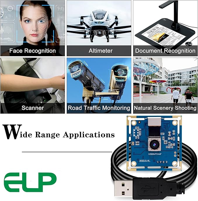 ELP 8MP USB Camera - Autofocus 4K PC & Raspberry Pi Mini UVC USB2.0 Webcam Board IMX179 Industrial Lightburn Camera for Laptop
