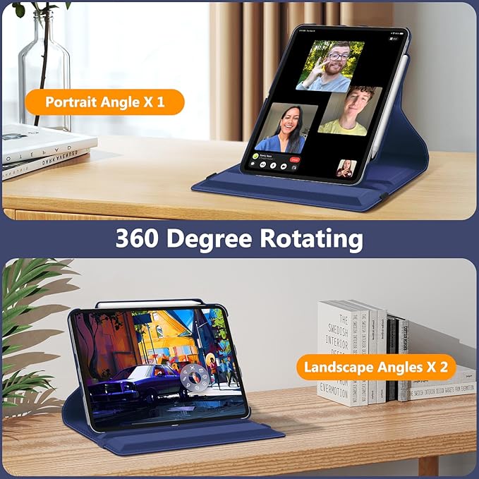 Fintie Rotating Case for iPad Pro 13-inch (M5) 2025 / (M4) 2024 with Pencil Holder - 360 Degree Swiveling Protective Stand Cover with Auto Wake/Sleep, Navy