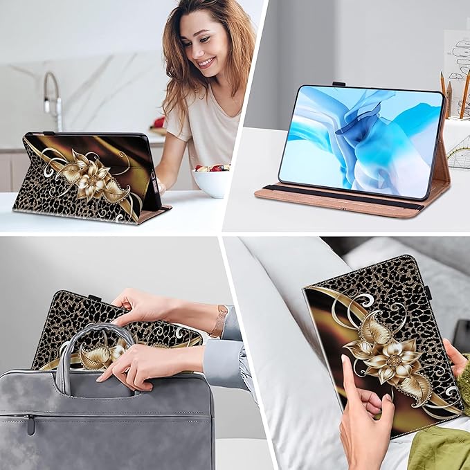 Case for iPad 9th/8th/7th Generation 10.2 Inch (2021/2020/2019), iPad Air 3 2019/ Pro 10.5 2017 Case with Auto Wake/Sleep & Elastic Band, Multi-Angle Viewing Stand Cover - Metallic Flower