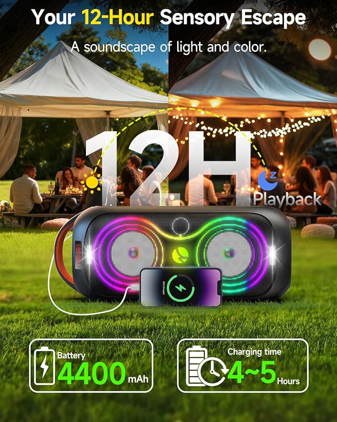 Party Bluetooth Speaker: 60W Peak Power, Deep Bass Dual Woofers, 12H Battery, RGB Lights, TWS, FM Radio, AUX/USB/Mic Input | for Indoor & Outdoor-Updated