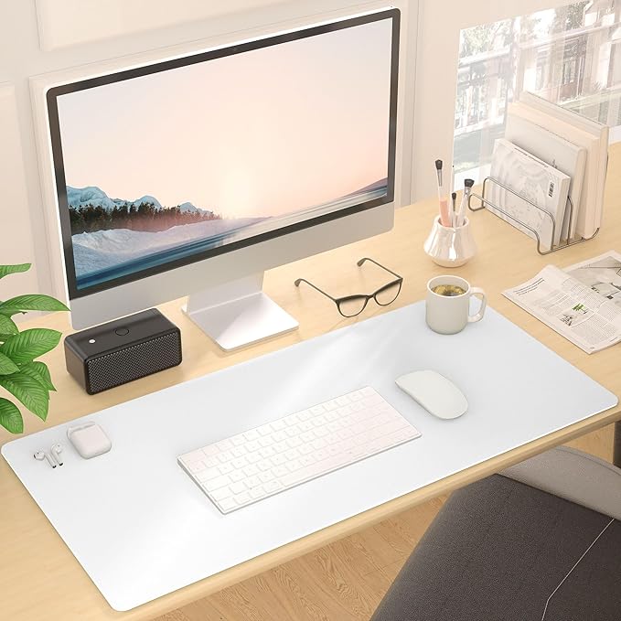Leather Desk Pad Protector, Mouse Pad, Non-Slip Computer Mat for Desk, PU Leather Office Desk Mat for Home & Office, Waterproof Laptop Desk Blotter Pad for Keyboard and Mouse, White (15.7''X31.5'')