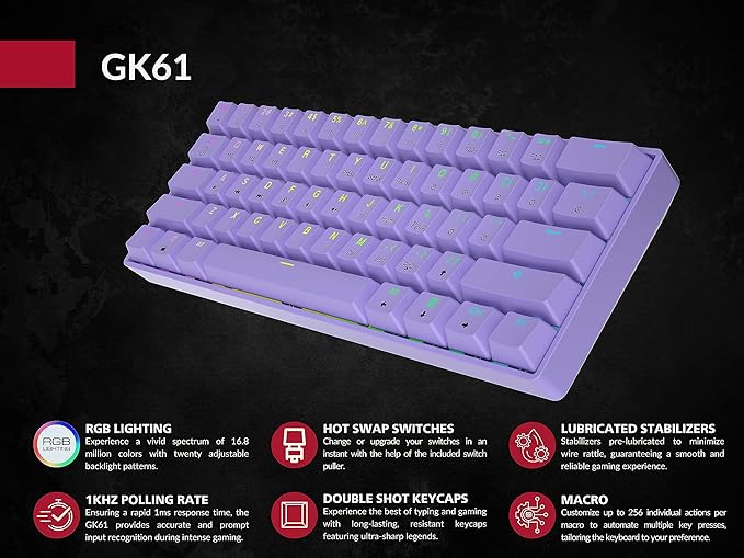 GK61 Mechanical Gaming Keyboard - 61 Keys Multi Color RGB Illuminated LED Backlit Wired Programmable for PC/Mac Gamer (Gateron Optical Brown, Lavender)