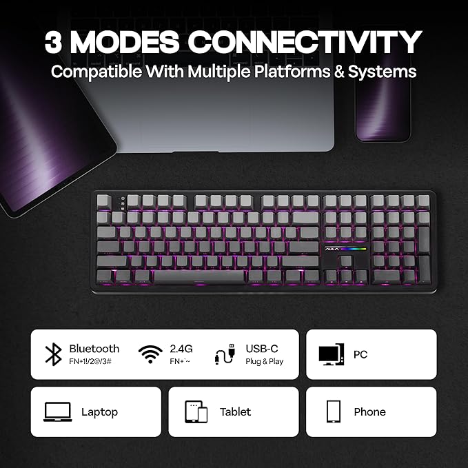 MechLands Aula F108 100% Wireless Gaming Keyboard, Full Size Custom Gasket Mechanical Keyboard, 4000mAh Battery, Programmable 108 Keys, Hot-Swappable, for Win/Mac (Black Gradient)