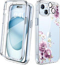 Diaclara Designed for iPhone 15 Plus Phone Case,Full Body Rugged Case with Built-in Screen Protector+9H Tempered Glass Camera Lens Protector (Clear Flower)