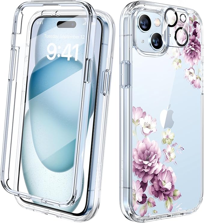 Diaclara Designed for iPhone 15 Plus Phone Case,Full Body Rugged Case with Built-in Screen Protector+9H Tempered Glass Camera Lens Protector (Clear Flower)