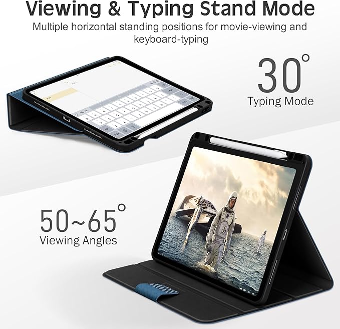 KingBlanc for iPad Pro 12.9 Case 6th/5th/4th/3rd Generation (2022/2021/2020) with Pencil Holder, PU Leather Smart Stand Cover, Auto Sleep/Wake, Apple Pencil2 Charging, Multi-Angle for Typing, Blue