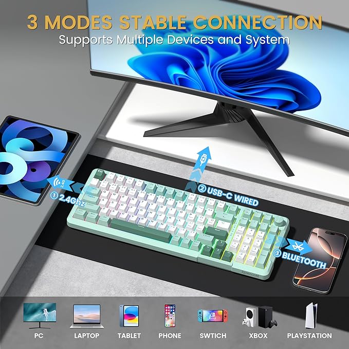 Redragon K742 Wireless Mechanical Gaming Keyboard with Knob, Bluetooth 5.0/2.4GHz/USB C Wired Creamy Keyboard with Number Pad for PC Computer, RGB Backlits, Hot-Swappable with Linear Switches (Green)