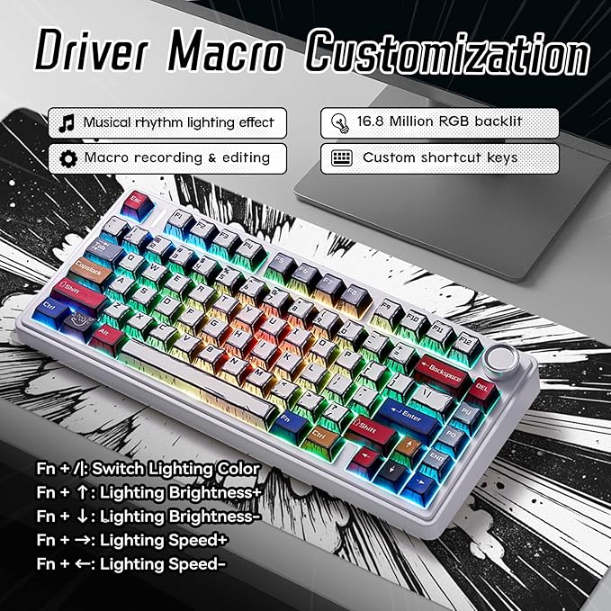 Aula F75 Wireless Mechanical Keyboard,Creamy Keyboard with RGB Backlit Hot Swappable, 81 Keys 75% Layout Gaming Keyboard, Bluetooth/2.4GHz/Type-C, Creamy Sounding - Reaper Switches