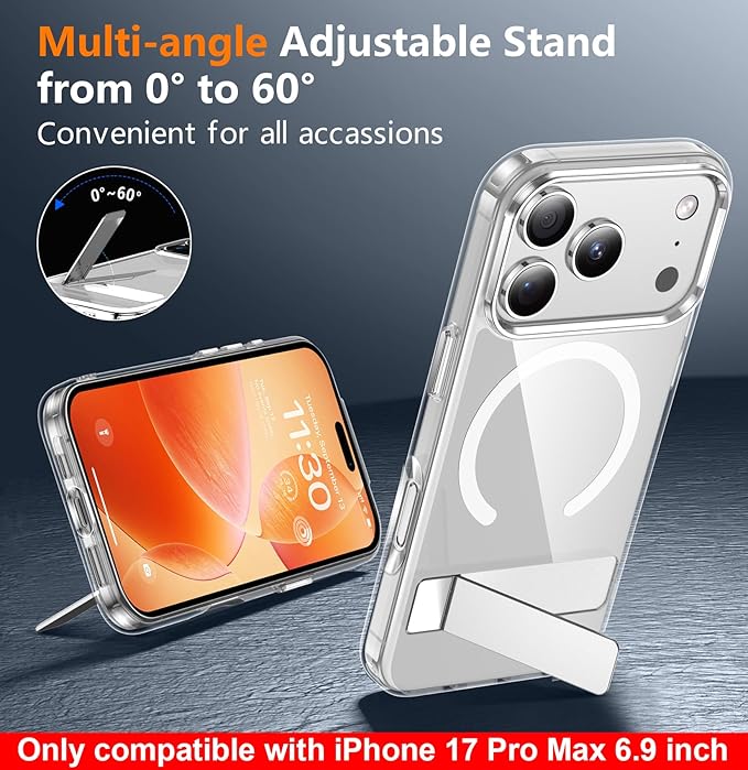 SPIDERCASE Magnetic for iPhone 17 Pro Max Case,with [3 Stand Ways] [Military Grade Drop Protection] with Invisible Stand Shockproof Slim Case for iPhone 17 Pro Max 6.9 inch,Clear