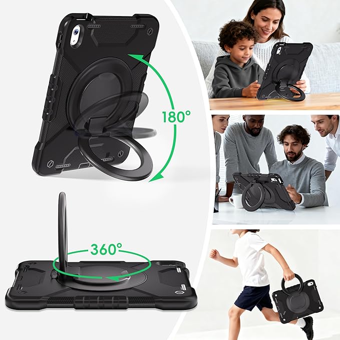 Andnary Case for iPad (A16) 11th Generation 11 inch 2025/10th Generation 10.9 inch 2022, Shockproof Cover with Screen Protector/360° Rotate Handle/Bracket/Pen Holder/Shoulder Strap (Black)