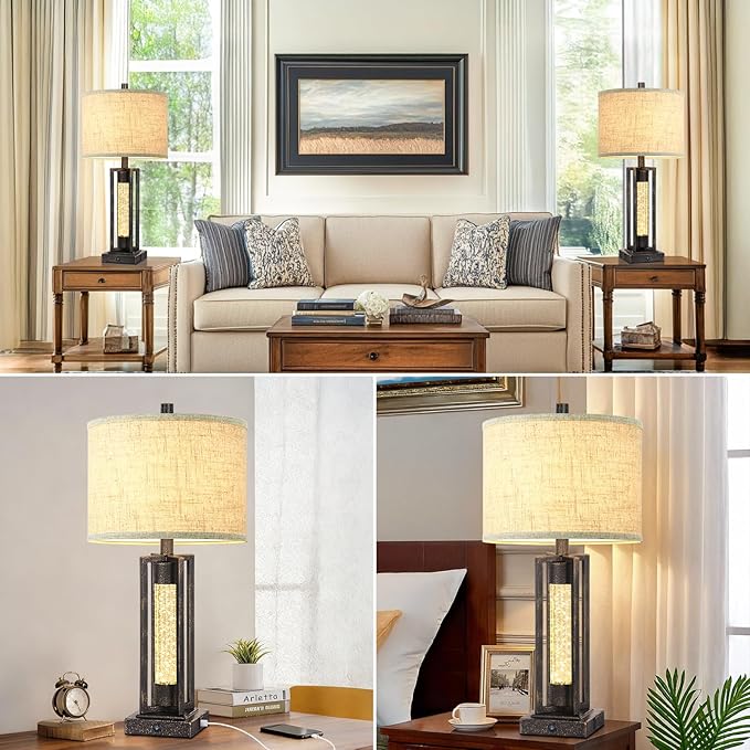 TOBUSA 26’’ Vintage Table Lamps for Living Room Set of 2, Rustic Lamps for Bedroom with 2 USB Ports and Crystal Night Light, Farmhouse Bedside Lamps with Linen Shade for Night Stands End Table, Bronze