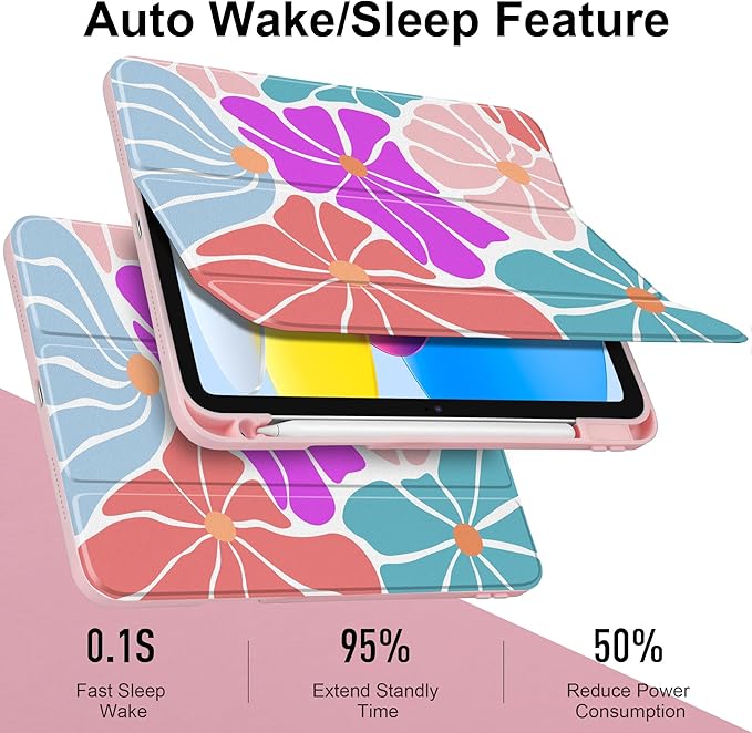 Case for iPad Air 11 inch M4 2026 M3 2025 M2 2024,iPad Air 5th (2022) / 4th (2020) 10.9 Inch Clear Back Shell Lightweight TPU Edge Trifold Stand Auto Wake Sleep Cute Cover, Stylized Flowers