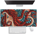 Large Gaming Mouse Pad (31.5" x 15.8")- Abstract Red Octopus Painting Art Cool Sea Monster Blue Ocean, Extra XXL Extended Office Accessories, Premium Stitched Anti-Slip Desk Mat