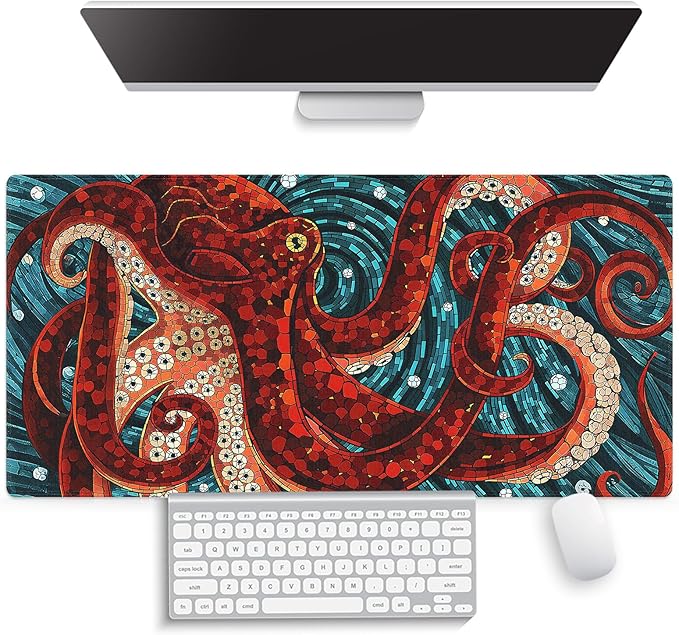 Large Gaming Mouse Pad (31.5" x 15.8")- Abstract Red Octopus Painting Art Cool Sea Monster Blue Ocean, Extra XXL Extended Office Accessories, Premium Stitched Anti-Slip Desk Mat
