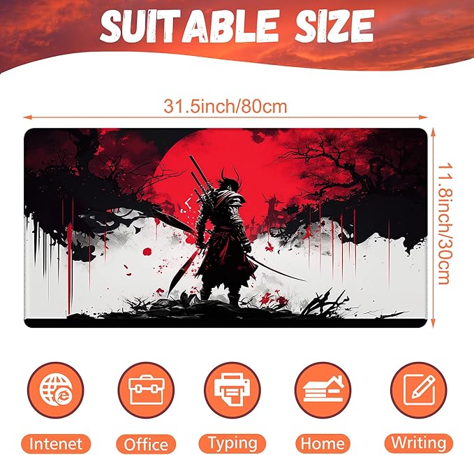 Large Gaming Mouse Pad, Cool Japanese Samurai Desk Mat, Red and White Samurai Desk Pad, 31.5"x15.7" Extended Big Computer Keyboard Mouse Pad with Non-Slip Base and Stitched Edge