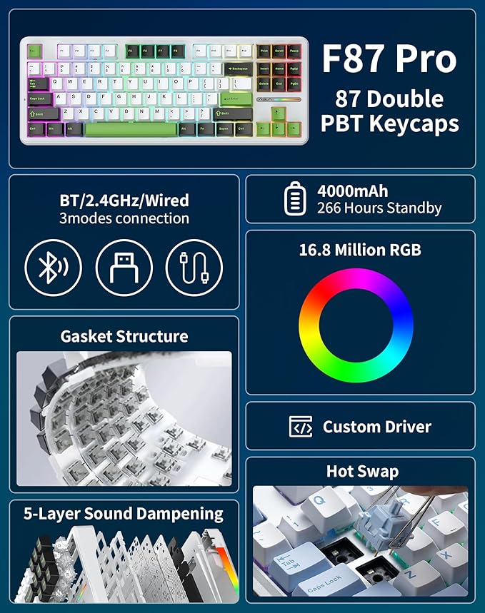 Aula F87 Pro Wireless Mechanical Keyboard, 87-Key TKL Tri-Mode (BT5.0/2.4G/USB-C), Hot Swappable Gasket Mount Keyboard, 4000mAh Battery, RGB Backlit PBT Keycaps Custom Gaming Keyboard for PC Mac