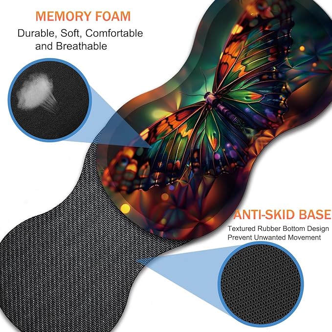 Extended Non-Slip Mouse Pad + Mouse Wrist Rest + Lace-Shaped Coaster Set, Ergonomic Design, Suitable for Desk and Home Gaming Table Mat, Psychedelic Butterfly