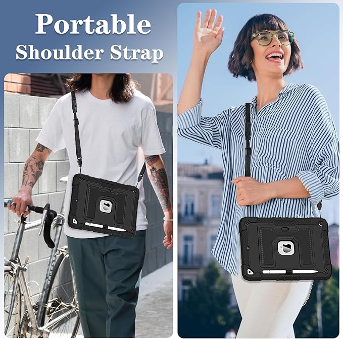 Kids Friendly Case for Apple iPad 10.2" 9th 8th 7th Generation 2021/2020/2019 Case with Pencil Holder & Shoulder Strap, Military Grade Shockproof Kickstand Hard Shell Protective Cover,Black