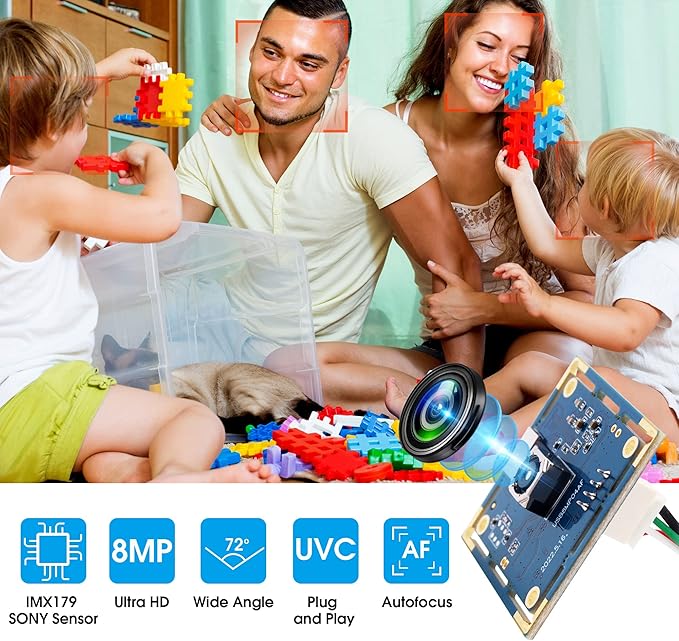 Autofocus USB Camera 8MP 4K Camera Module with 72° Distortion Free Lens,Plug and Play UVC USB2.0 for PC Computer,Compatible with Windows Linux,Ideal for Industrial Security Video Surveillance