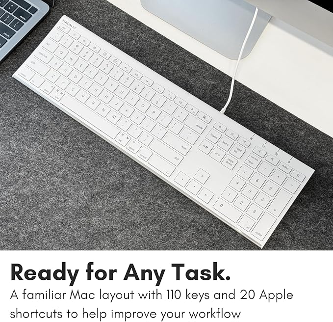 Macally Slim USB Wired Keyboard for Mac and Windows - Simple and Sophisticated - USB Apple Keyboard with Numeric Keypad for Mac Mini / Pro, Macbook, iMac with 110 Scissor Switch Keys and 20 Shortcuts