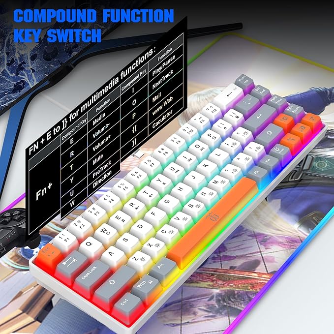 Snpurdiri 60% Percent Gaming Keyboard, Ergonomic Compact RGB Backlit Small Gaming Keyboard for Windows, PC, Laptop (68 Keys, White-Grey-Orange)