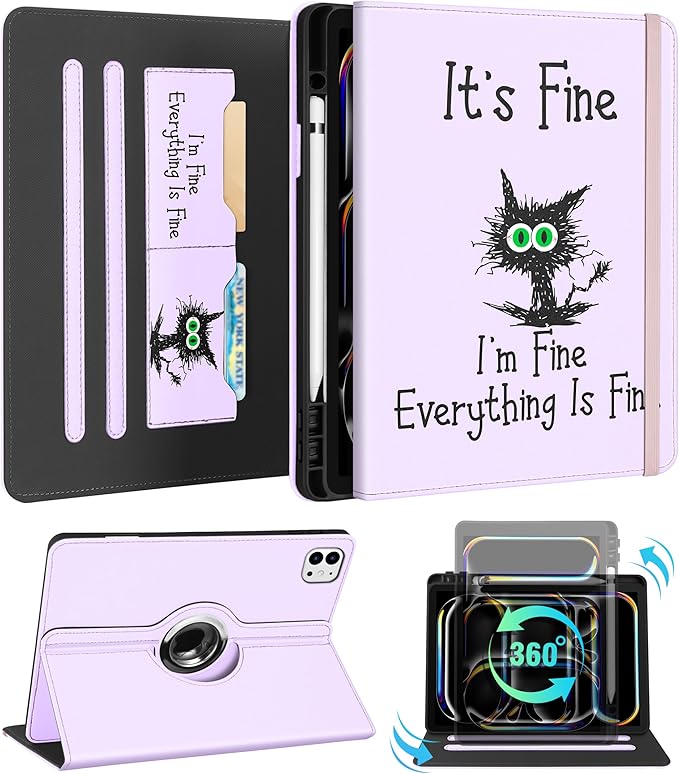 Kidcube for iPad Pro 13 Inch Case M4 2024 - Women Girls Cute Rotating Stand Folio Cover with Pencil Holder & Card Slot Girly Kawaii Cat Unique Design for iPad Pro 13 Inch Case 2024 (A2925 A2926 A3007)