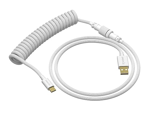 Ranked Coiled Keyboard Cable | Handcrafted Double-Sleeved Braided Cable | USB Type C to A | 5-Pin Aviator Connector for Custom Mechanical Gaming Keyboard | Support Fast Charge 20W (White)