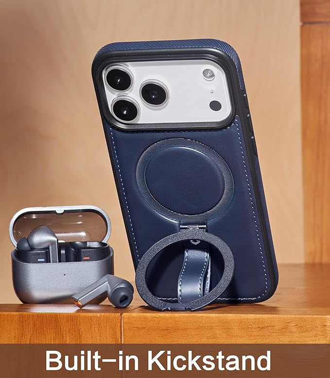 Butaiga for iPhone 17 Pro Leather Case with Stand, Anti-Slip Grip Ring, Fits for MagSafe (Blue, iPhone 17 Pro)