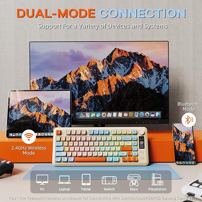 FREEWOLF M75 Wireless Mechanical Feel Gaming Keyboard Bluetooth/2.4Ghz Membrane with Knob & OLED Display Rainbow Backlit Gradient PBT Keycaps 2000mAH Battery Anti-Ghosting-Blueberry
