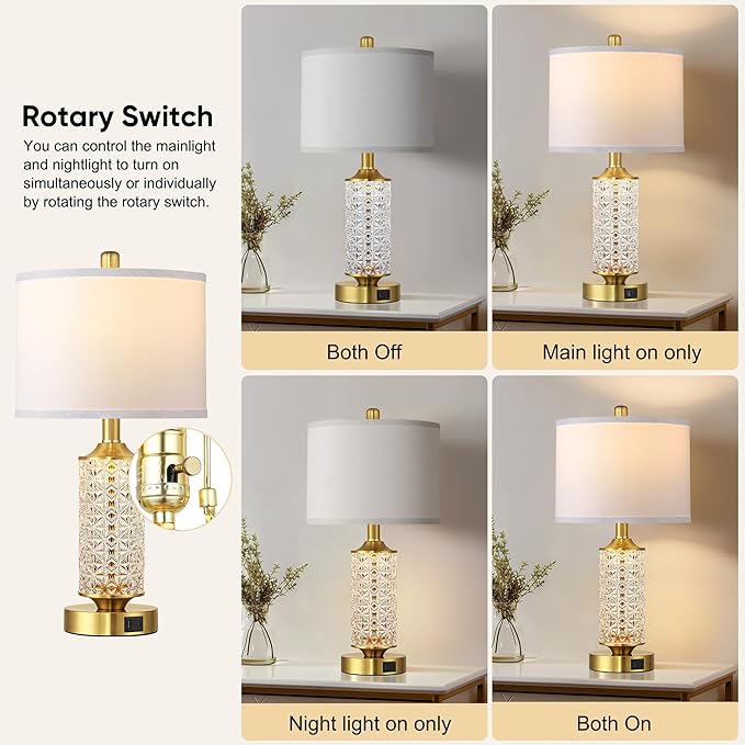 QiMH Set of 2 Table Lamps with USB A+C Ports, Modern Bedside Lamp with LED Night Light, Bedside Lamp for Bedroom, Nightstand Lamps for Living Room Office (Gold)(2 Bulbs Include)