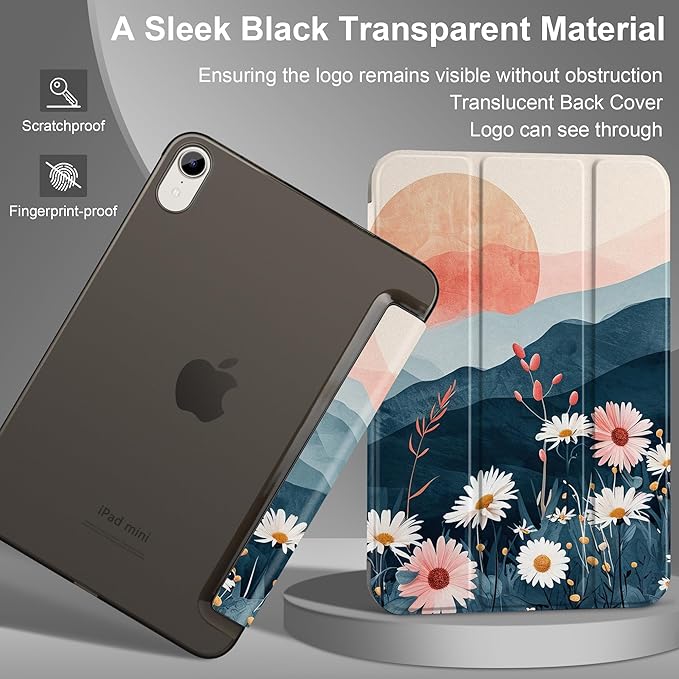 DONGKE for iPad mini 7 (A17 Pro) 2024 & iPad mini 6 2021 8.3 Inch, Slim Foldable Stand Hard PC Translucent Back Shell Smart Cover for iPad mini 7th/6th Generation [Auto Wake/Sleep] - Daisies