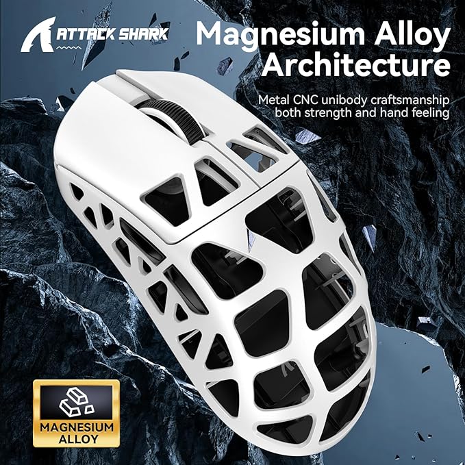 ATTACK SHARK R3 46g Superlight Magnesium Alloy Wireless Gaming Mouse, BT/2.4Ghz/Wired Computer Mouse, 8000Hz Wireless Polling Rate, PAW3395 26K DPI Sensor, Programmable Mice, PC/Laptop/Mac (White)