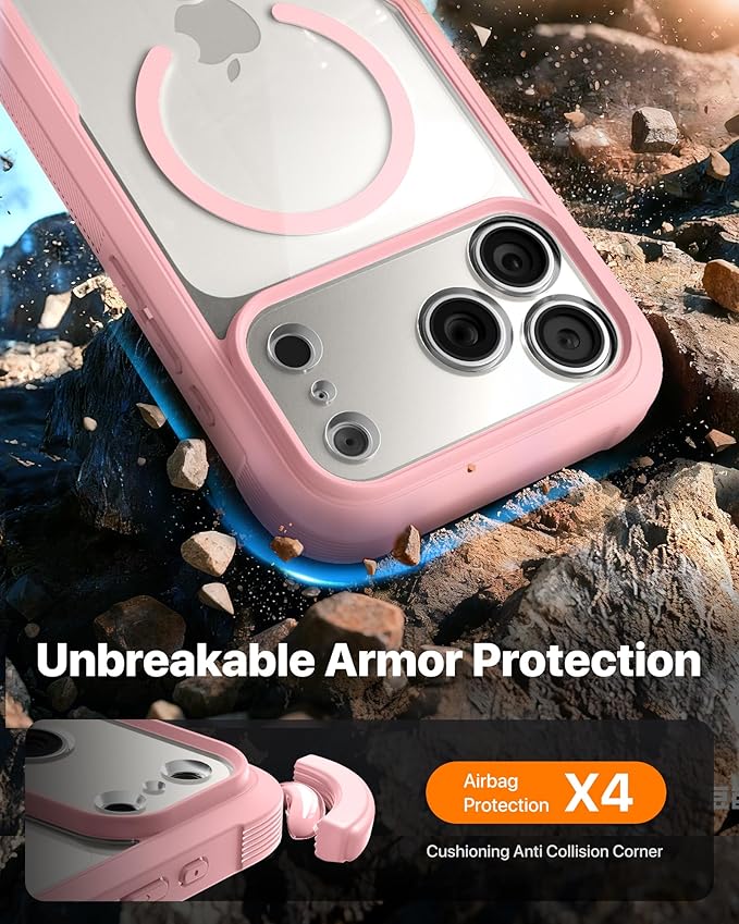 Diaclara Magnetic Designed for iPhone 17 Pro Max Case Full Body Bumper,[Compatible with MagSafe] Military Drop Proof Cover with Built-in Touch Sensitive Anti-Scratch Screen Protector,Pink