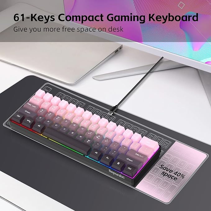 Snpurdiri 60% Wired Gaming Keyboard, 61 Keys RGB Backlit Ultra-Compact Small Gaming Keyboard, for PC/Mac Gamer, Typist, Travel, Easy to Carry on Business Trip (Pink-Black)