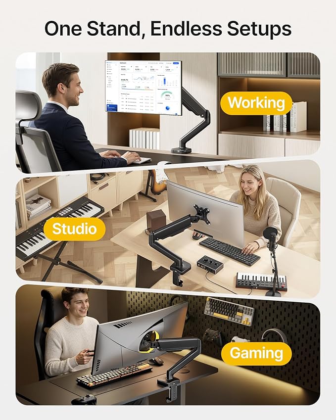 monTEK Heavy Duty Single Monitor Arm with USB/Audio Ports for 17-32” Screens, Premium Mechanical Spring Monitor Arm up to 19.8 lbs, Full Motion Monitor Desk Mount, VESA 75/100 mm, Clamp/Grommet